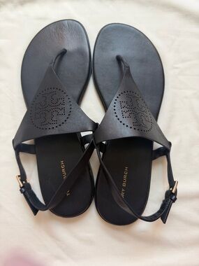 Tory Burch Black Leather Logo Perforated T-Strap Sandals